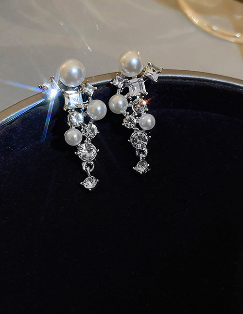 Fashion Silver Needle - Silver (pearl) Alloy Diamond And Pearl Geometric Stud Earrings