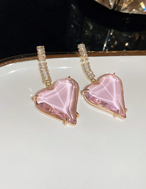 Fashion Silver Needle - Pink Geometric Zirconium Heart Crystal Stud Earrings