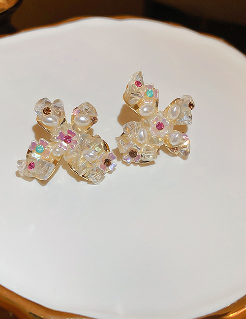 Fashion Silver Needle - Gold Metal Diamond Pearl Crystal Flower Stud Earrings