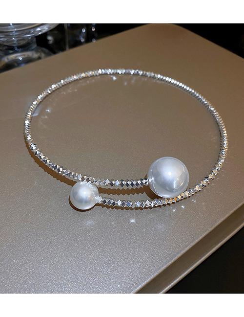 Fashion 30# Collar - Silver Metal Chopped Silver Bead Size Pearl Necklace