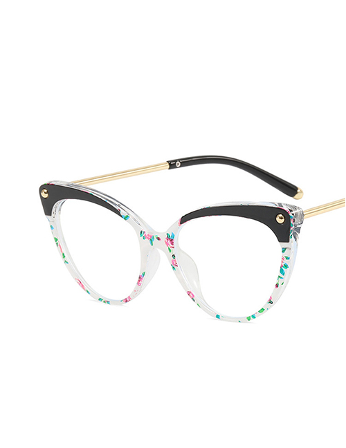 Fashion Top Black And Bottom Floral White Flakes Tr90 Rivet Cat Eye Large Frame Flat Mirror