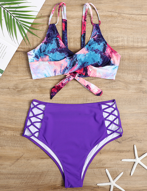 Fashion Color Polyester Print Lace-up Cutout High Waist Split Swimsuit