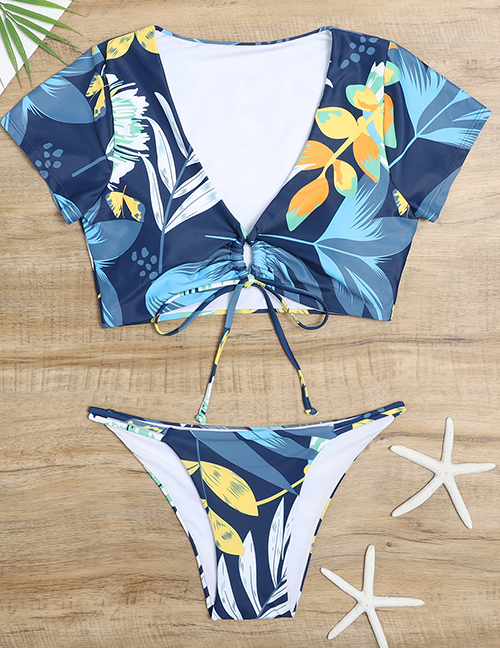 Fashion Blue Printed Lace-up Swimsuit