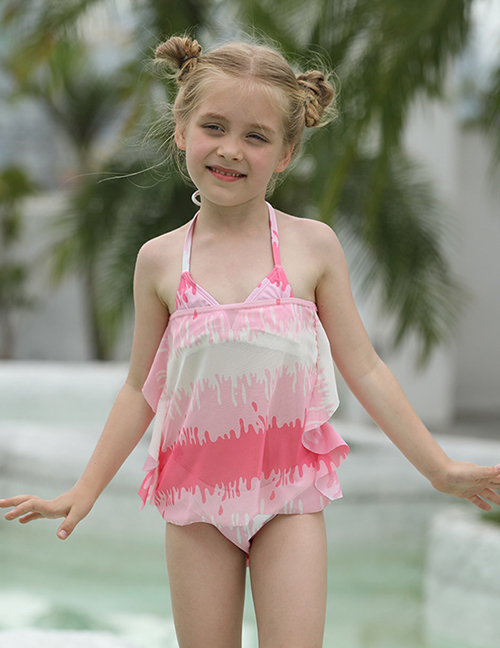 Fashion Pink Polyester Print Halter Swimsuit
