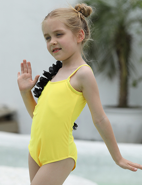 Fashion Yellow Polyester Geometric Kids One Piece Swimsuit