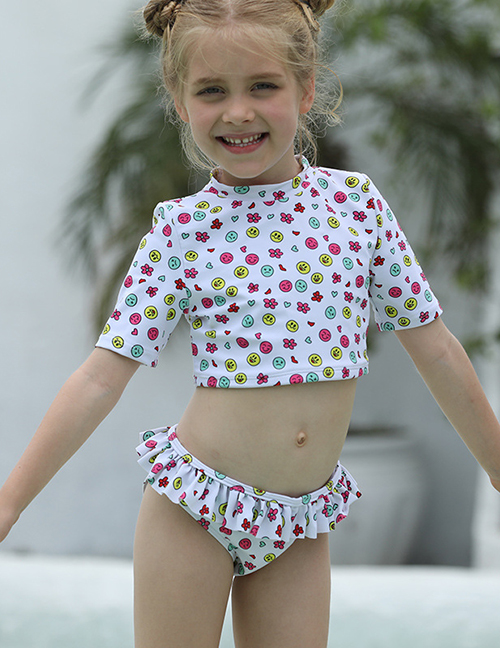 Fashion White Polyester Printed Fungus Edge Short Sleeve Split Children's Swimsuit