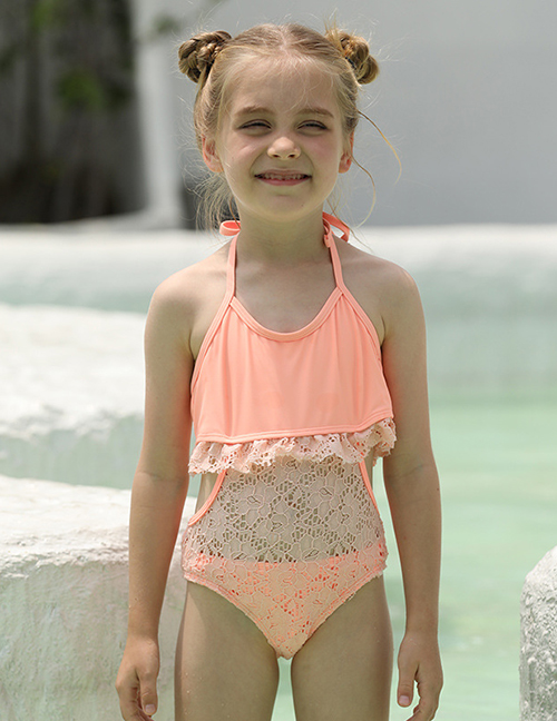Fashion Orange Lace Cutout Halter One Piece Children's Swimsuit