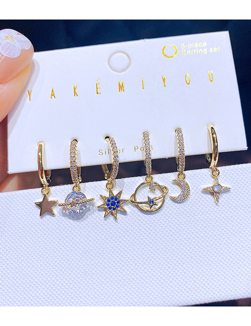 Fashion Gold Color Brass Inset Zirconium Star Moon Pentagram Earring Set
