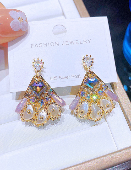 Fashion Gold Color Copper Diamond Pearl Crystal Fan Stud Earrings