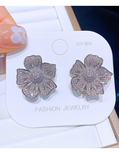 Fashion Silver Color Copper Diamond Three-dimensional Flower Stud Earrings