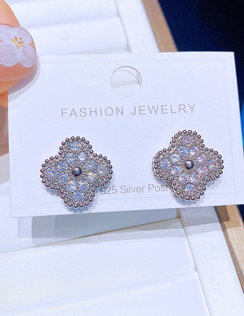 Fashion Silver Color Brass Diamond Clover Stud Earrings