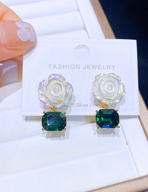 Fashion Gold Color Square Green Crystal Shell Rose Stud Earrings