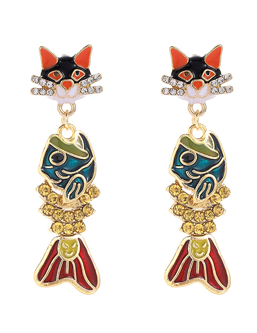 Fashion Cat Head Alloy Diamond Drop Oil Cat Fish Stud Earrings