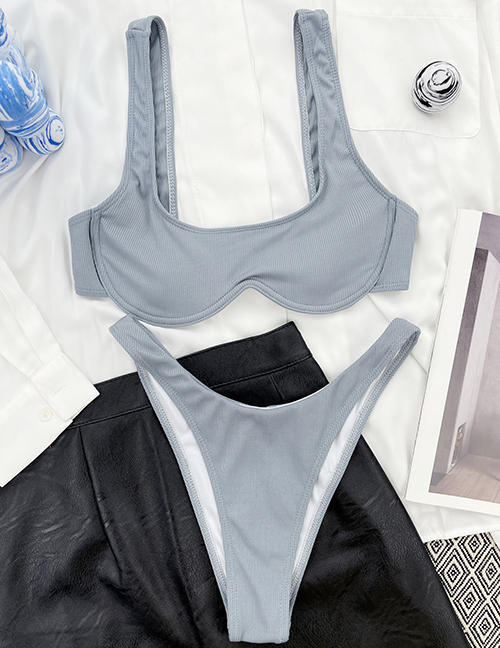 Fashion Grey Nylon U Neck High Waist Split Swimsuit