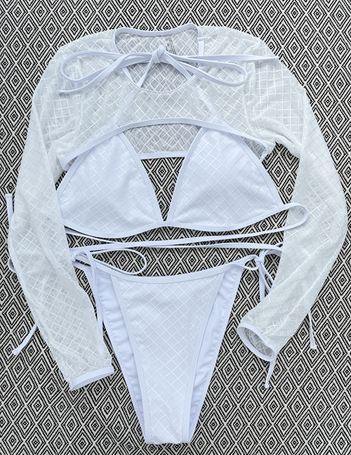 Fashion White Nylon Mesh Blouse Halter Neck Tie Split Swimsuit Set