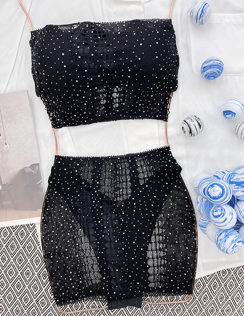 Fashion Black Nylon Diamond-studded Tube Top Split Swimsuit