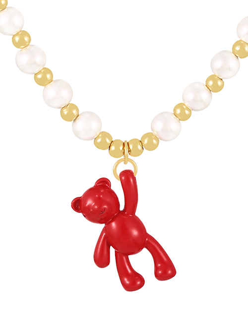 Fashion Red Copper Pearl Beaded Oil Bear Pendant Necklace