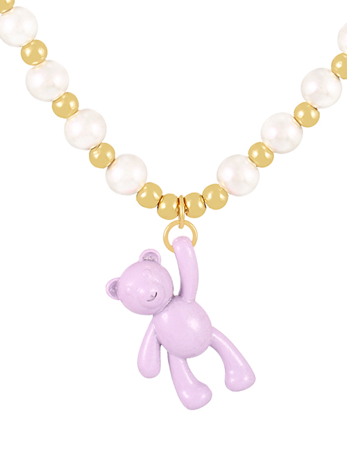 Fashion Light Purple Copper Pearl Beaded Oil Bear Pendant Necklace