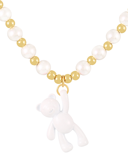 Fashion White Copper Pearl Beaded Oil Bear Pendant Necklace