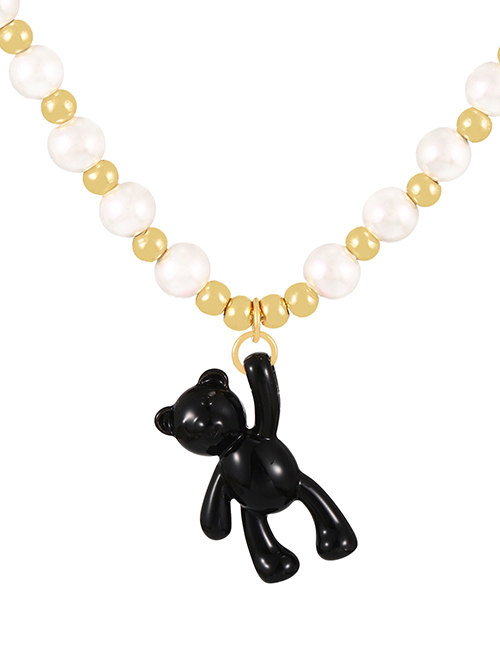 Fashion Black Copper Pearl Beaded Oil Bear Pendant Necklace
