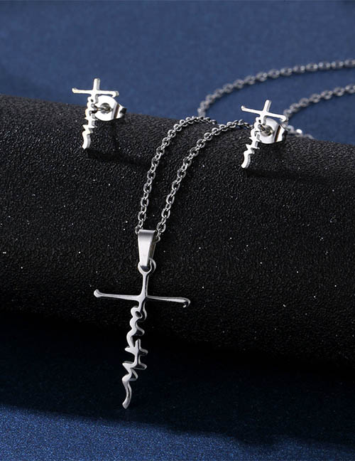 Fashion Silver Stainless Steel Glossy Cross Necklace Stud Earrings Set