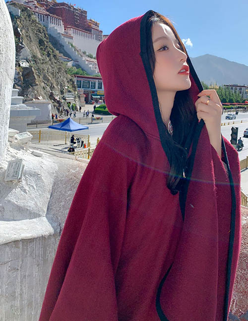 Fashion Wine Red Faux Cashmere Hooded Button Shawl