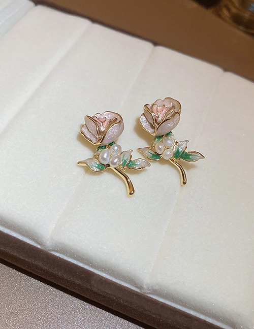 Fashion Pink Metal Pearl Rose Stud Earrings