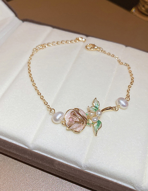 Fashion Bracelet - Gold Metal Rose Bracelet With Pearls
