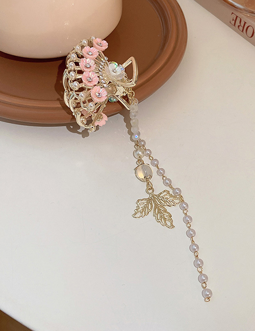 Fashion Grab Clip - Pink Alloy Diamond Set Pearl Flower Leaf Crystal Tassel Grab Clip