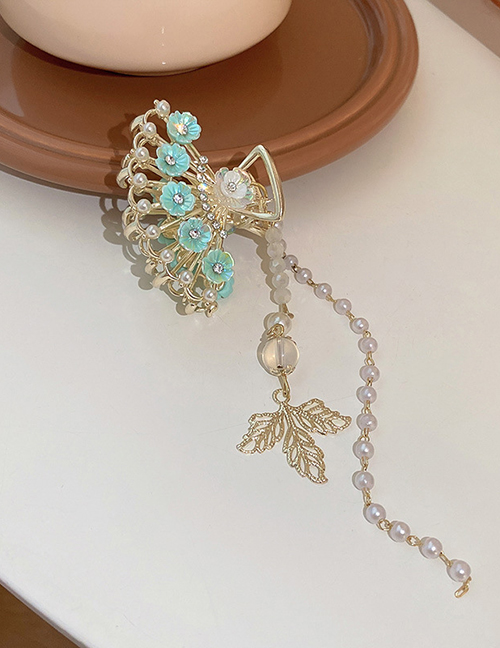 Fashion Grab Clip - Green Alloy Diamond Set Pearl Flower Leaf Crystal Tassel Grab Clip