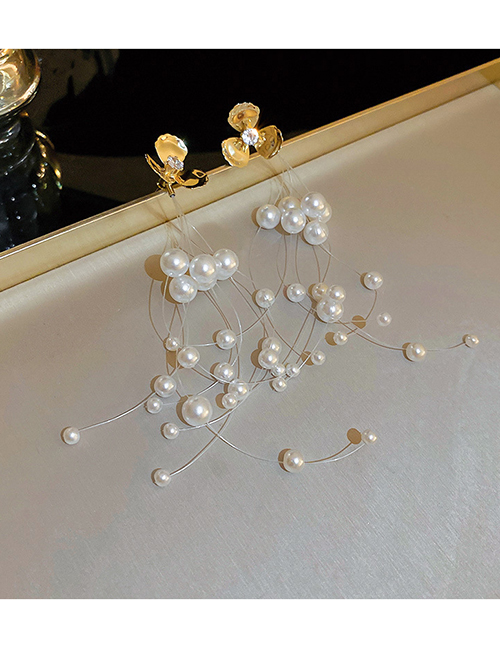 Fashion White (zircon Flowers) Zirconia Pearl Tassel Fishline Drop Earrings In Metal