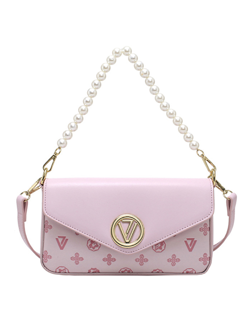 Fashion Pink Pu Pearl Hand Print Flap Crossbody Bag