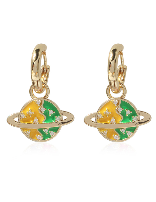 Fashion Yellow-green Copper Diamond Colorblock Planet Earrings