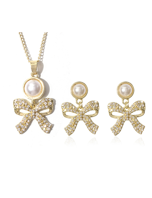 Fashion Gold Alloy Diamond And Pearl Bow Stud Necklace Set