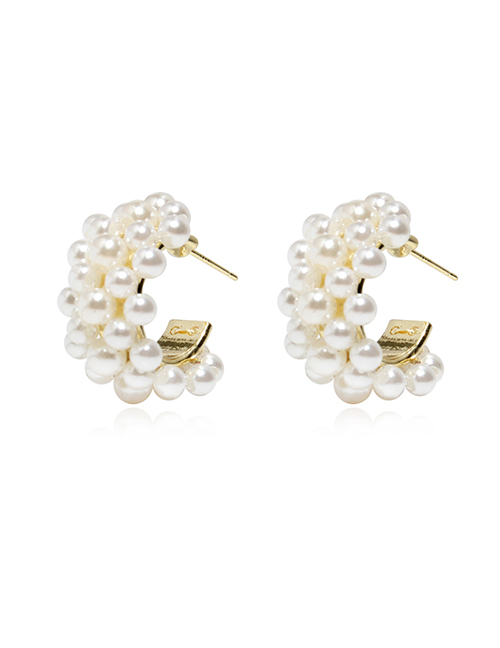 Fashion Creamy-white Geometric Pearl Beaded Braided C Earrings