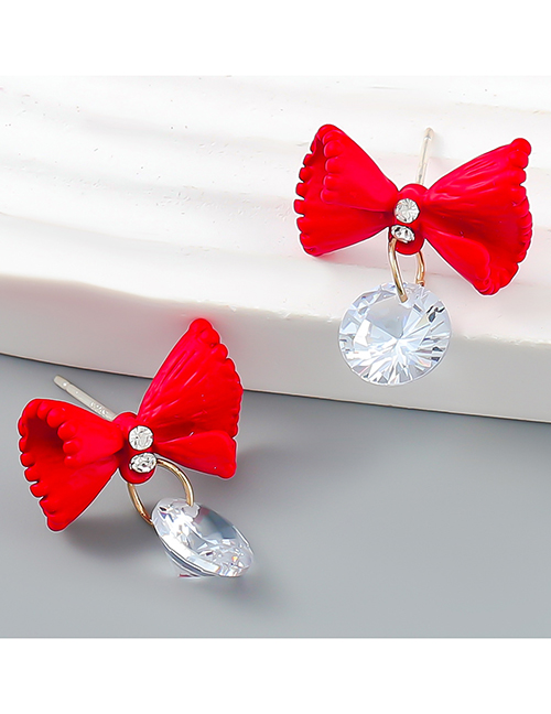 Fashion Red Alloy Diamond Spray Painted Bow Stud Earrings