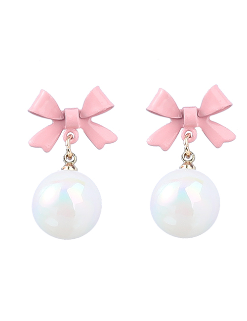 Fashion Pink Alloy Bow Pearl Stud Earrings