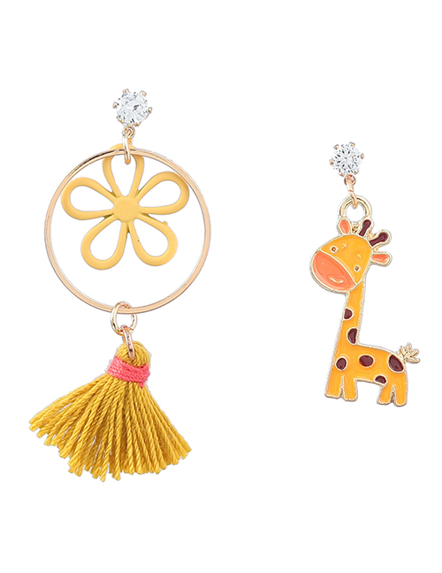 Fashion Yellow Alloy Drop Oil Giraffe Floral Tassel Asymmetric Stud Earrings