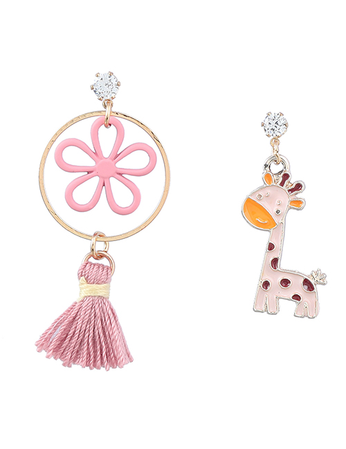 Fashion Pink Alloy Drop Oil Giraffe Floral Tassel Asymmetric Stud Earrings