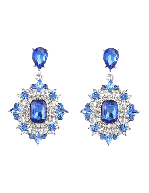 Fashion Blue Alloy Set Square Diamond Stud Earrings
