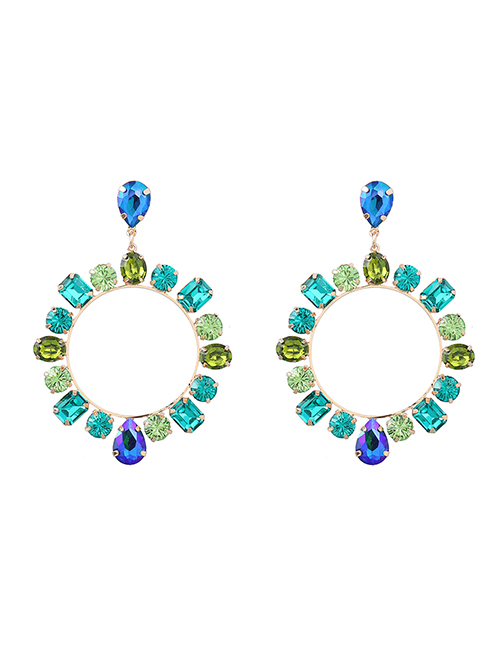 Fashion Blue-green Alloy Diamond Geometric Round Stud Earrings