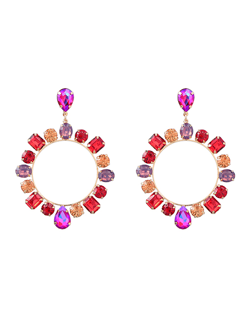 Fashion Rose Red Alloy Diamond Geometric Round Stud Earrings