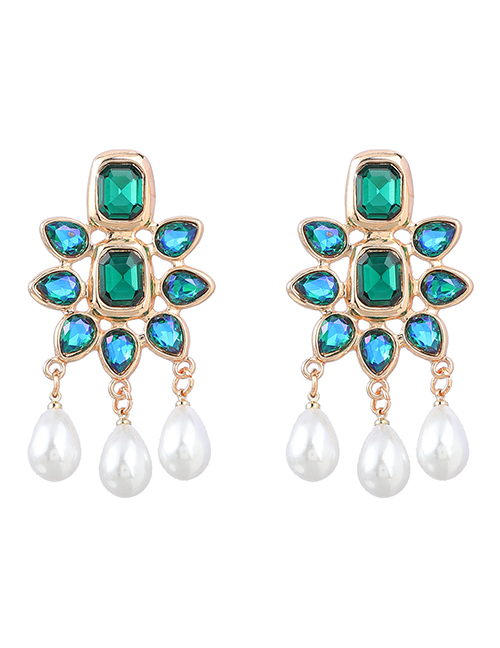 Fashion Green Alloy Diamond Geometric Pearl Tassel Drop Earrings