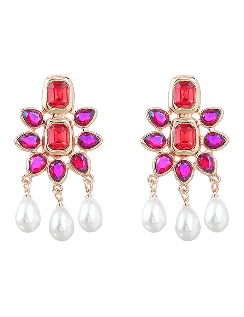 Fashion Rose Red Alloy Diamond Geometric Pearl Tassel Drop Earrings