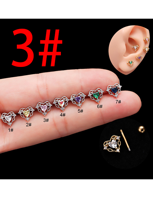 Fashion Silver 3# Stainless Steel Diamond Hollow Heart Double Head Screw Piercing Stud Earrings