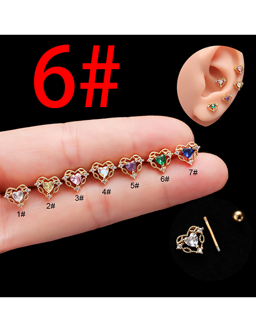 Fashion Gold 6# Stainless Steel Diamond Hollow Heart Double Head Screw Piercing Stud Earrings