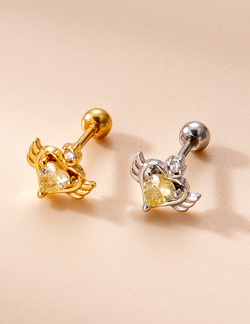 Fashion Gold 2# Titanium Steel Inlaid Zirconium Heart Wing Piercing Stud Earrings