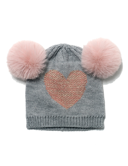 Fashion Grey Heart Knit Double Fur Ball Cap
