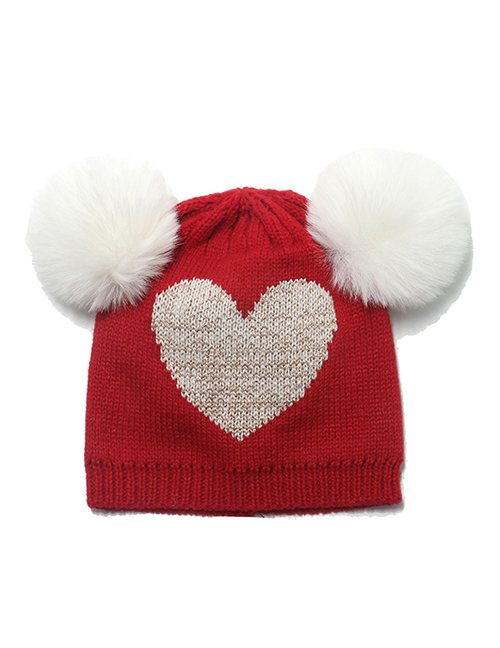 Fashion Red Heart Knit Double Fur Ball Cap