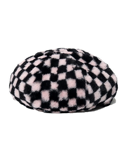Fashion Pink Plush Checkerboard Beret